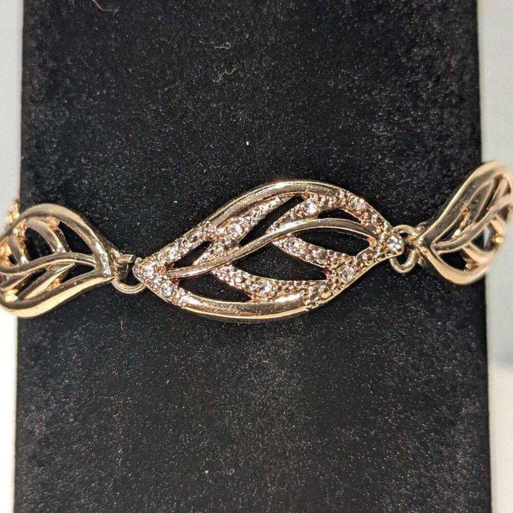Leaf Link Bracelet Gold Tone Clear Rhinestones